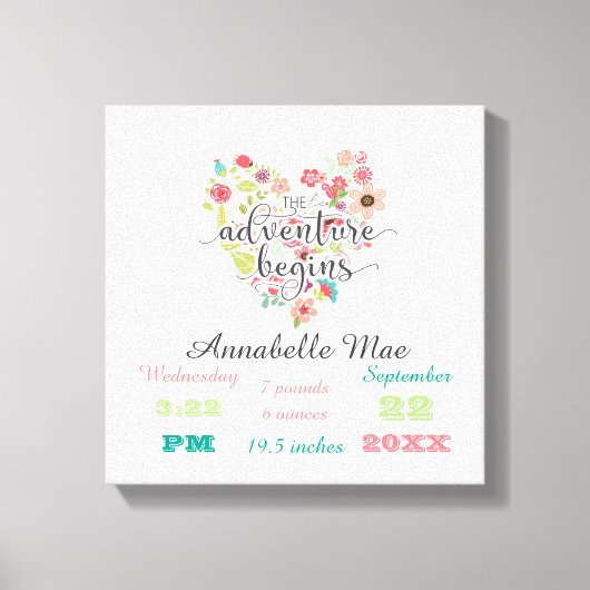Wit Hout Chique Bloemen Hart Baby Meisje Geboorte  Canvas Afdruk (Voorkant)