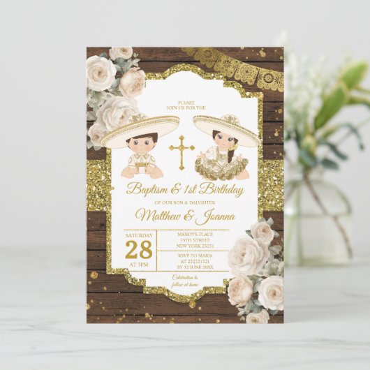 Wit Hout Doop 1e Verjaardag Twin Jongen & Meisje Kaart (Staand voorkant)