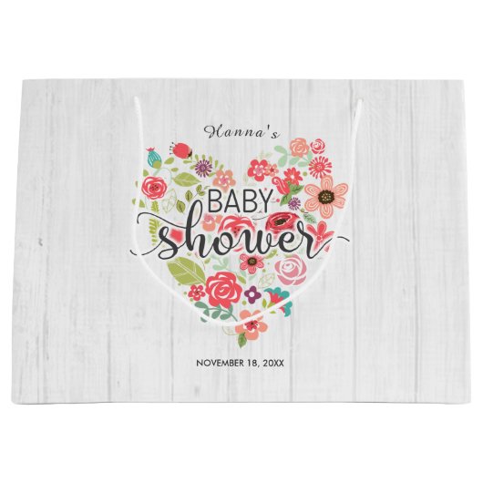 Wit Hout & Roze Bloemen Hart Meisje Baby shower Groot Cadeauzakje (Voorkant)