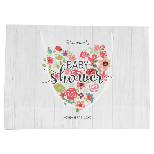 Wit Hout & Roze Bloemen Hart Meisje Baby shower Groot Cadeauzakje (Achterkant)