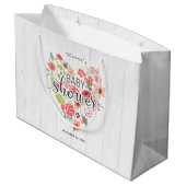 Wit Hout & Roze Bloemen Hart Meisje Baby shower Groot Cadeauzakje (Achterkant Gekanteld)