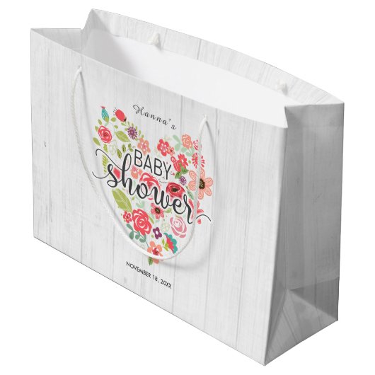 Wit Hout & Roze Bloemen Hart Meisje Baby shower Groot Cadeauzakje (Achterkant Gekanteld)