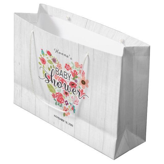 Wit Hout & Roze Bloemen Hart Meisje Baby shower Groot Cadeauzakje (Voorkant Gekanteld)