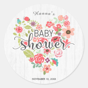 Wit Hout & Roze Bloemen Hart Meisje Baby shower Ronde Sticker