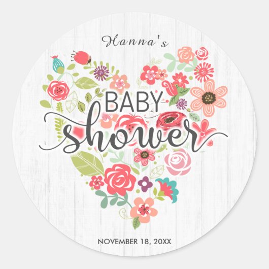 Wit Hout & Roze Bloemen Hart Meisje Baby shower Ronde Sticker (Voorkant)