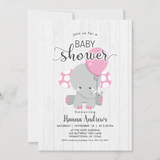 Wit Hout Roze Olifant Baby shower Invitation Kaart (Voorkant)
