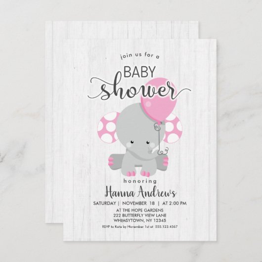 Wit Hout Roze Olifant Baby shower Invitation Uitnodiging Briefkaart (Voorkant / Achterkant)