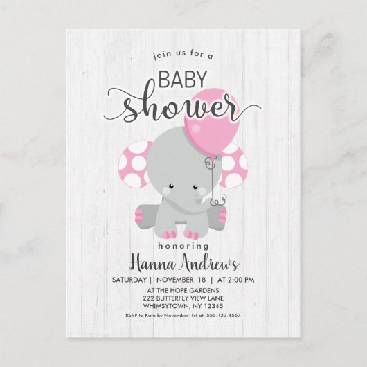 Wit Hout Roze Olifant Baby shower Invitation Uitnodiging Briefkaart (Voorkant)