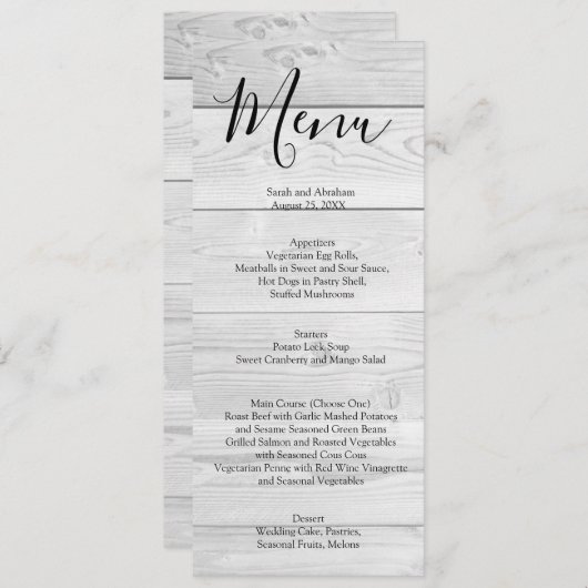 Wit hout rustieke chique bruiloft menu (Voorkant / Achterkant)