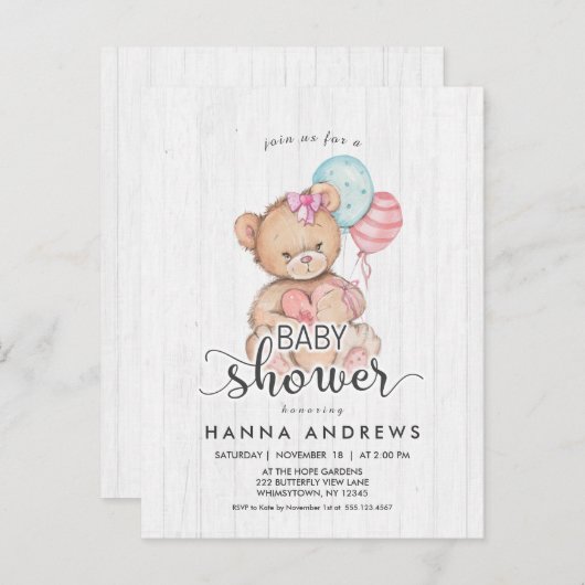 Wit Hout Teddy Bear Meisje Baby shower Uitnodiging (Voorkant / Achterkant)