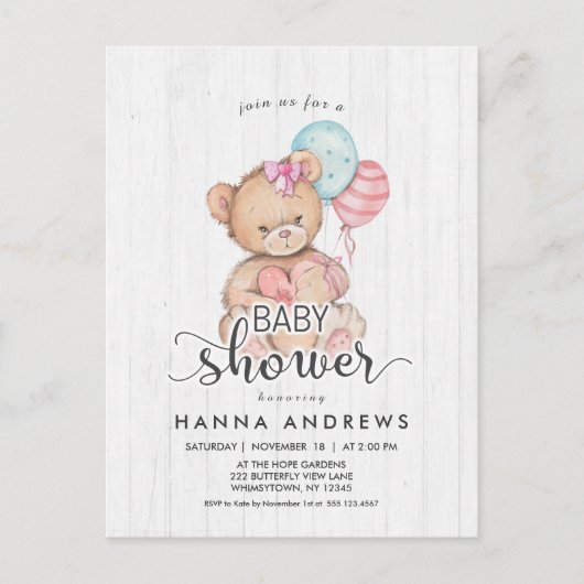 Wit Hout Teddy Bear Meisje Baby shower Uitnodiging (Voorkant)
