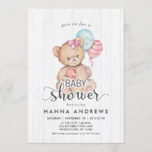 Wit Hout Teddy Bear Meisje Baby shower Uitnodiging