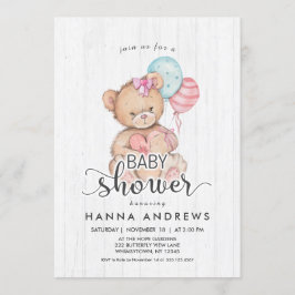 Wit Hout Teddy Bear Meisje Baby shower Uitnodiging