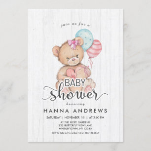 Wit Hout Teddy Bear Meisje Baby shower Uitnodiging
