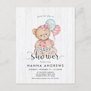 Wit Hout Teddy Bear Meisje Baby shower Uitnodiging