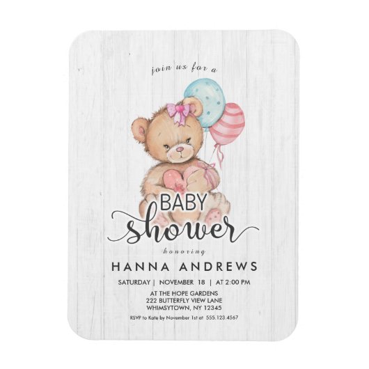 Wit Hout Teddy Bear Meisje Baby shower Uitnodiging Magneet (Verticaal)