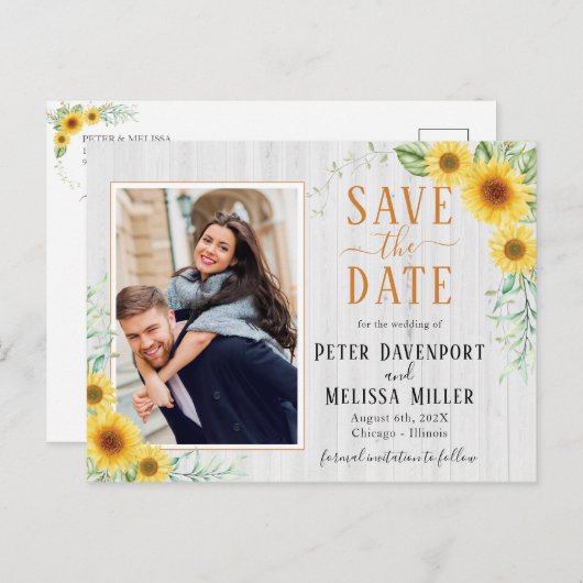 Wit hout Zonnebloem Save the Date Foto Feestdagenkaart (Voorkant / Achterkant)