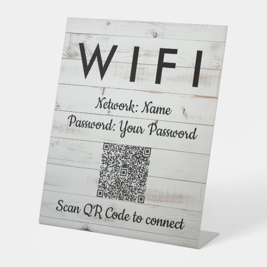 Wit Houten WiFi Wachtwoord Code QR Code Reclamebord Met Voetstuk (Voorkant)
