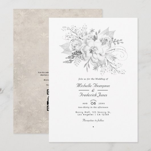 Wit huwelijk — Floral QR-code RSVP Kaart (Voorkant / Achterkant)