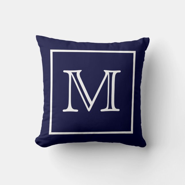 Wit Ingelijste Blauw Monogram Amerikaans MoJo Kuss Kussen (Voorkant)