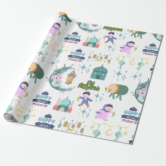 Wit inpakpapier van Eid Al-Fitr Mubarak (Uitgerold)