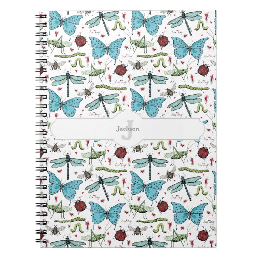 Wit insect patroon monogram notitieboek (Voorkant)