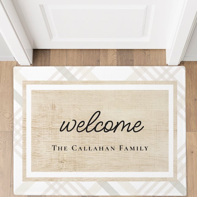 Wit & Ivoor Beige Plaid Gepersonaliseerd Welkom Deurmat (Creator heeft geüpload)