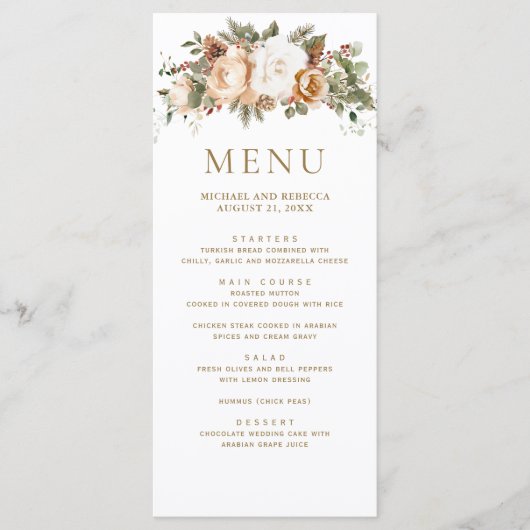 Wit Ivoor Goud Kerst Bloemen Huwelijk Menu (Voorkant)