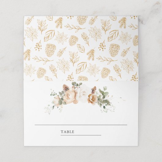 Wit Ivoor Goud Kerst Bloemen Huwelijk Plaatskaartje (Buitenkant ongevouwen)