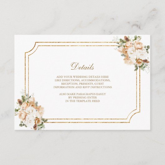 Wit Ivoor Goud Kerst Bloemen Trouwdetails Informatiekaartje (Voorkant)