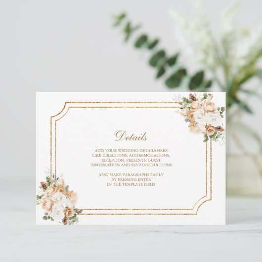 Wit Ivoor Goud Kerst Bloemen Trouwdetails Informatiekaartje (Staand voorkant)