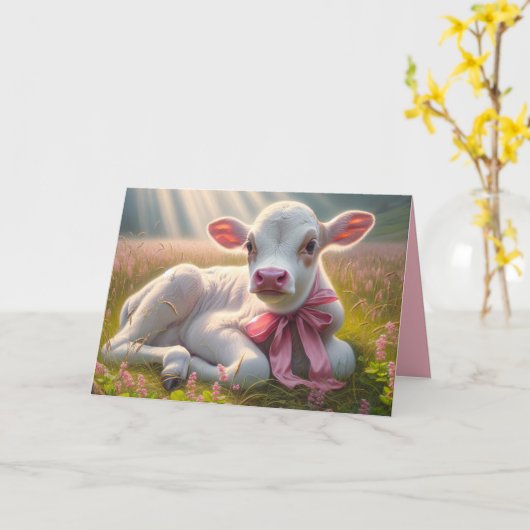 Wit kalf in weiland met zonnestralen kaart (Gele Bloem)