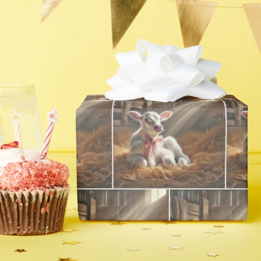 Wit kalf met roze boog in schuur cadeaupapier (Verjaardagsfeest)