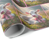 Wit kalf met roze boog in weiland cadeaupapier (Rol Hoek)