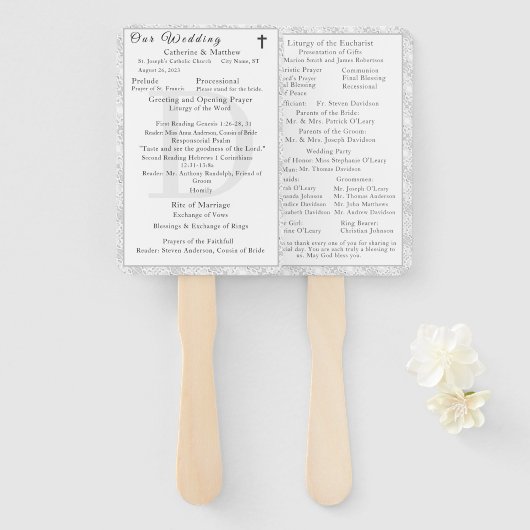 Wit Kant Katholiek Monogrammed Trouwprogramma Handwaaier (Voorkant en achterkant)