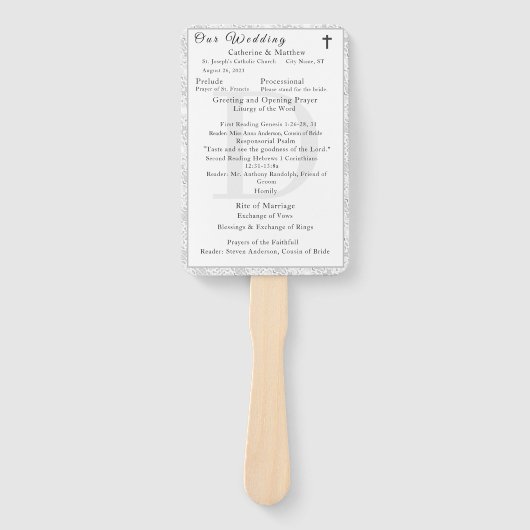 Wit Kant Katholiek Monogrammed Trouwprogramma Handwaaier (Voorkant)