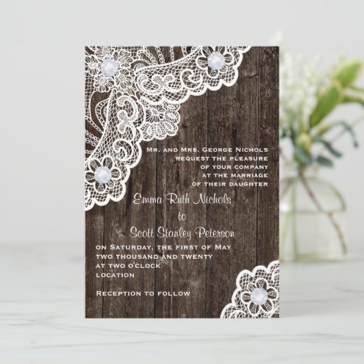  wit kant op oude houten bruiloft kaart (Staand voorkant)