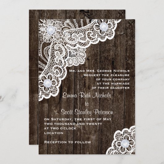  wit kant op oude houten bruiloft kaart (Voorkant / Achterkant)
