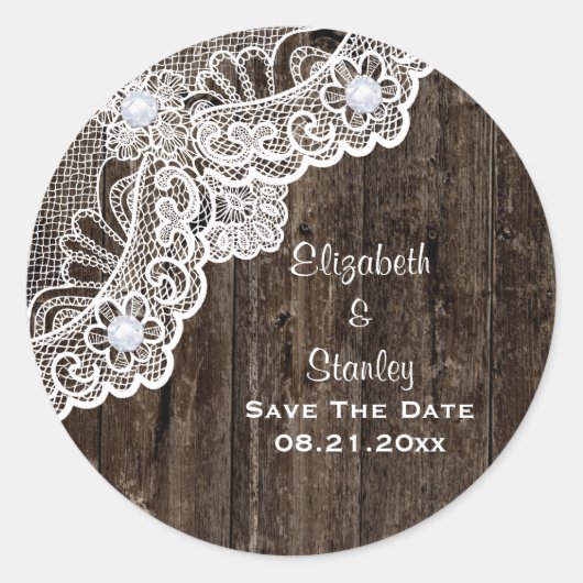 wit kant, oude houten bruiloft Save the Date Ronde Sticker (Voorkant)