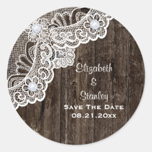 wit kant, oude houten bruiloft Save the Date Ronde Sticker