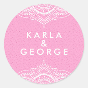 wit kant & roze hartenpatroon ronde sticker