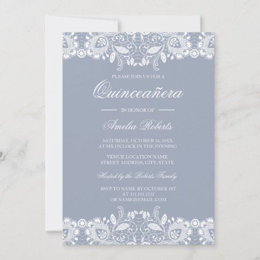Wit Kant Stoffig Blauw Quinceanera Invite Kaart (Voorkant)