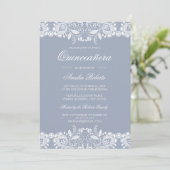 Wit Kant Stoffig Blauw Quinceanera Invite Kaart (Staand voorkant)
