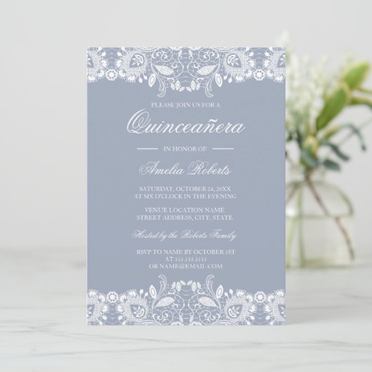  Wit Kant Stoffig Blauw Quinceanera Invite Kaart (Staand voorkant)