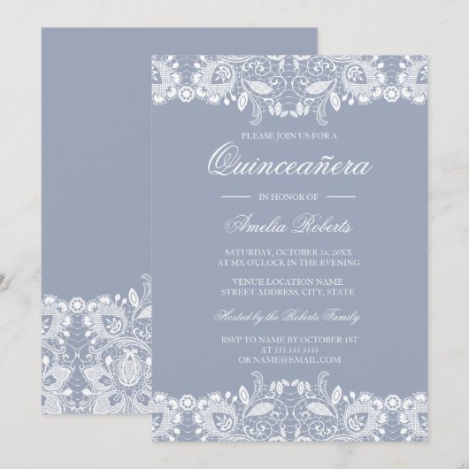 Wit Kant Stoffig Blauw Quinceanera Invite Kaart (Voorkant / Achterkant)