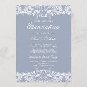 Wit Kant Stoffig Blauw Quinceanera Invite Kaart