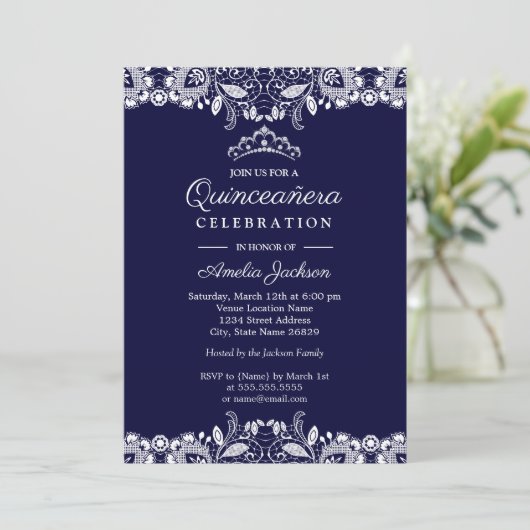  Wit Kant Tiara Navy Quinceanera Kaart (Staand voorkant)