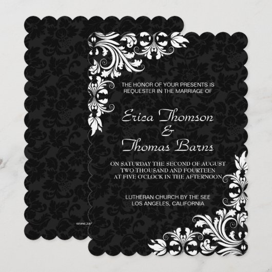 Wit Kant Zwart Damasks Uitnodiging voor bruiloft (Voorkant / Achterkant)