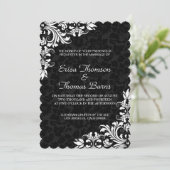 Wit Kant Zwart Damasks Uitnodiging voor bruiloft (Staand voorkant)