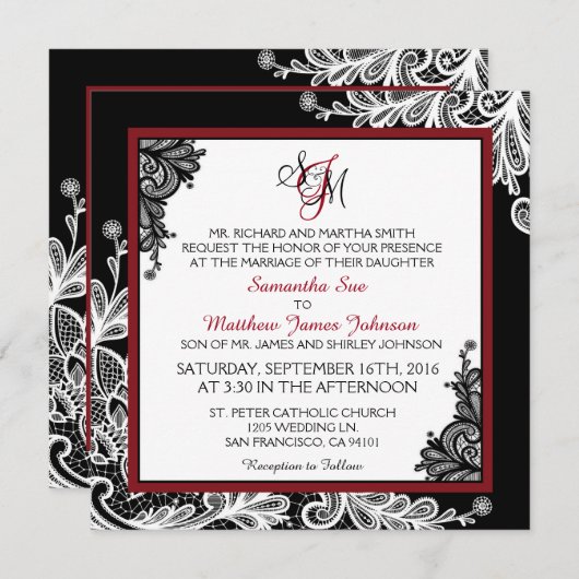 Wit Kant Zwart Modern Gothic Huwelijksuitnodiging Kaart (Voorkant / Achterkant)